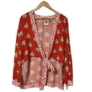 Anthropologie Farm Rio Red Coral Floral Kimono Tie Front‎ Top OS Swim Coverup